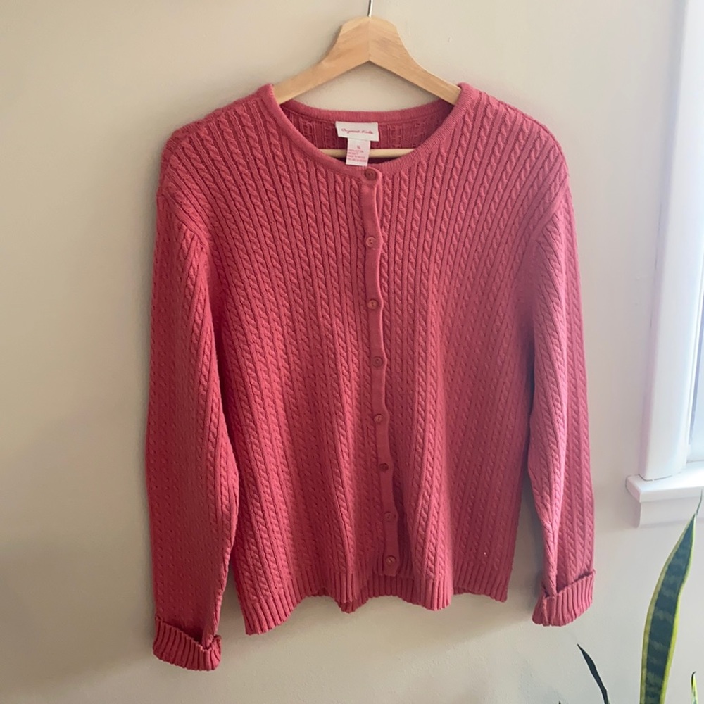Vintage cable knit muted coral button down cardigan 100% cotton sweater XL